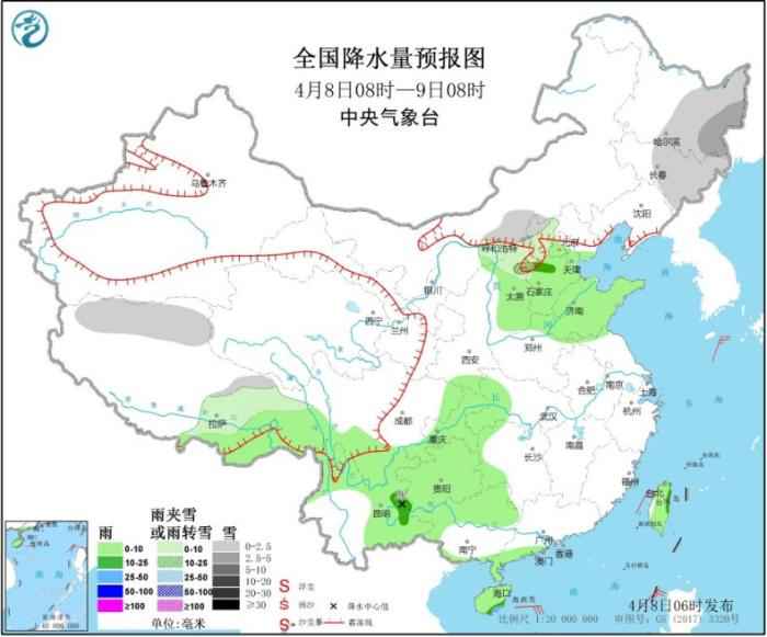 图1 全国降水量预报图(4月8日08时-9日08时)  冷空气影响华北地区 西南地区东部江南等地将有较强降水