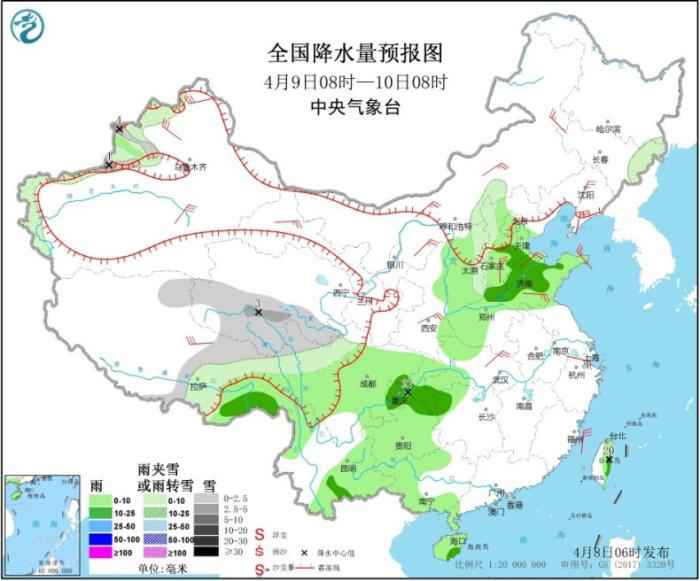 图2 全国降水量预报图(4月9日08时-10日08时)  冷空气影响华北地区 西南地区东部江南等地将有较强降水
